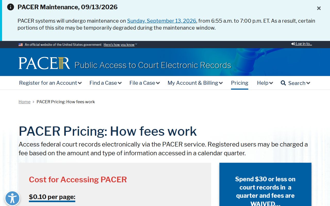 Olmsted County warrant records federal research page showing PACER docket fees