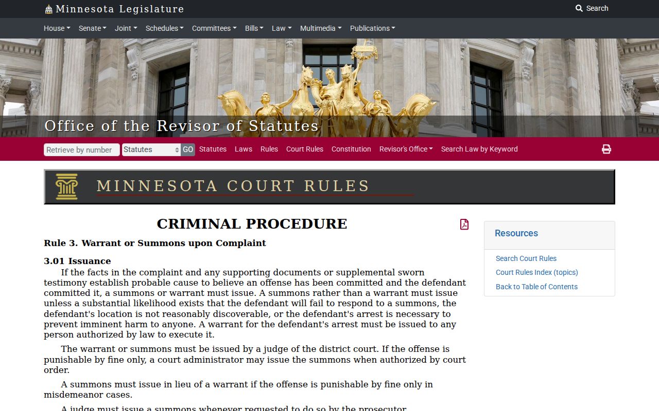 Olmsted County warrant records legal source page for the Minnesota criminal procedure rule