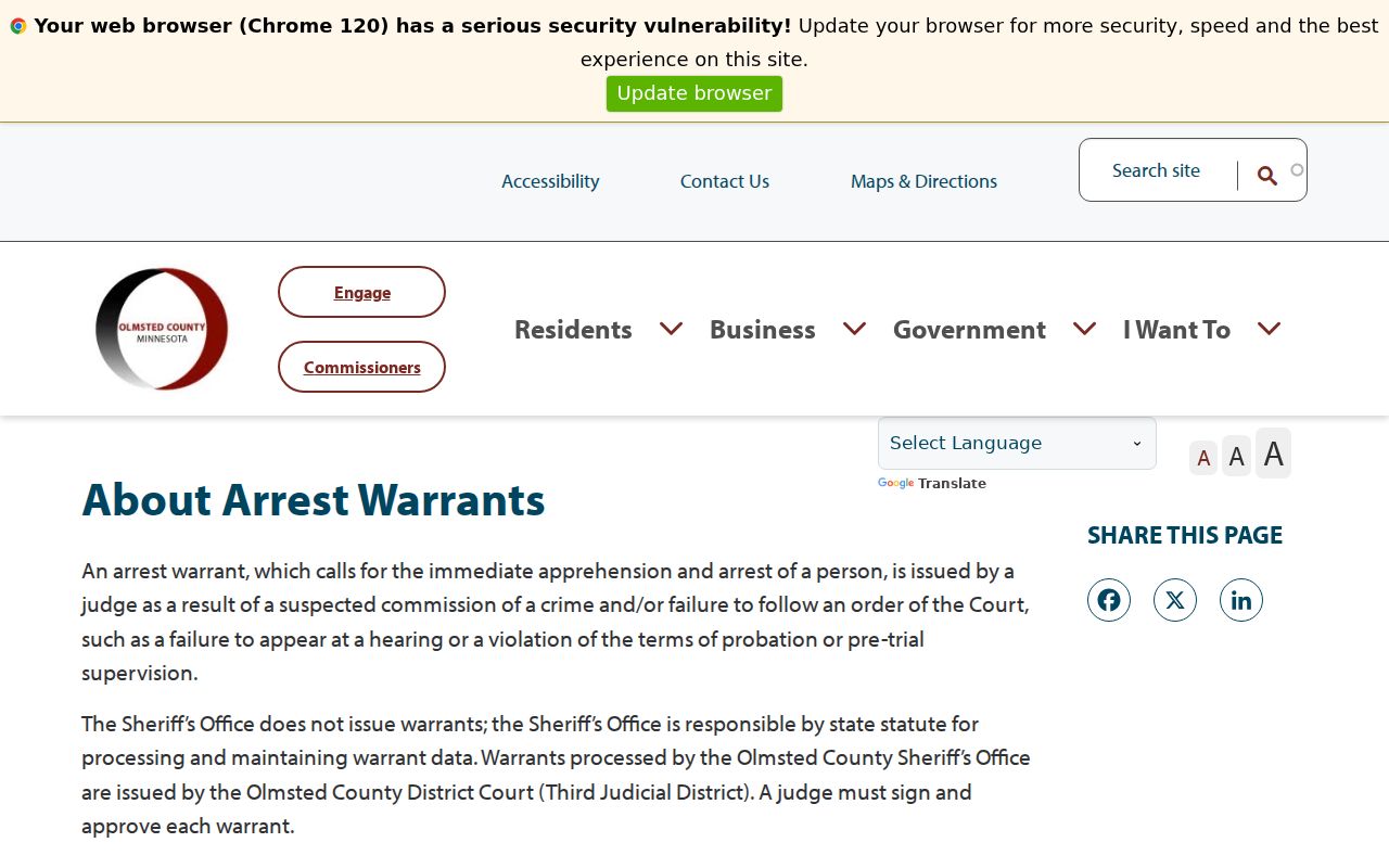 Olmsted County warrant records interpretation page from the Sheriff's Office on arrest warrants