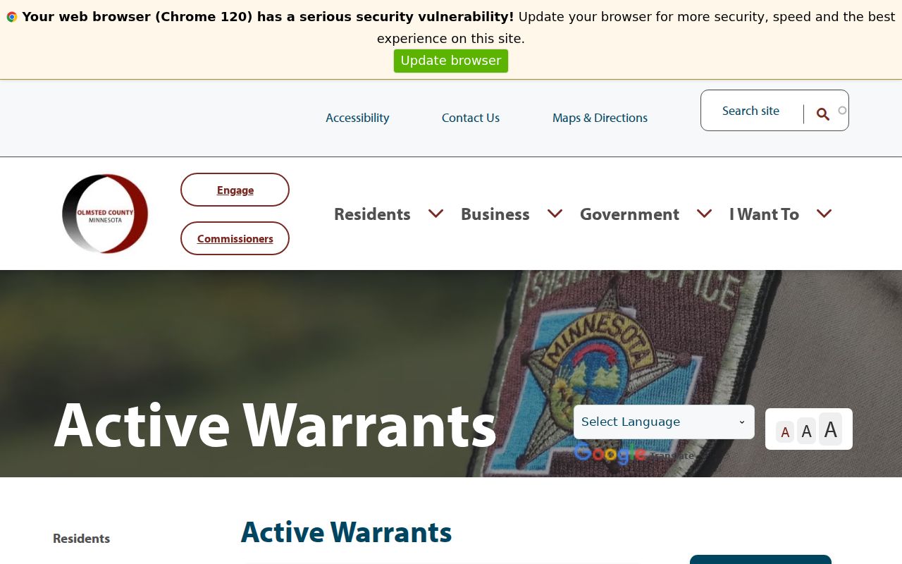 Olmsted County warrant records landing page linking to the active warrants application