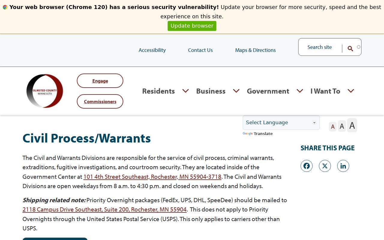 Olmsted County warrant records contact page for the Sheriff's warrant division